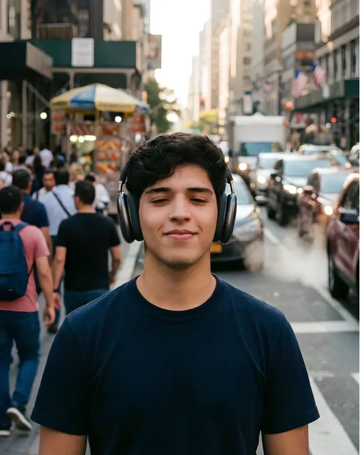 Después: joven caminando tranquilo por la calle con sus P9 puestos