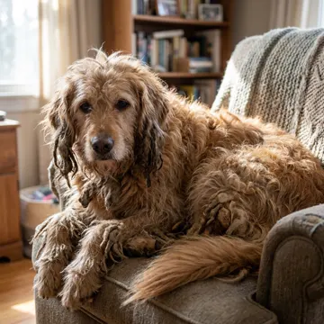 Perro con el pelo lleno de nudos apelmazados