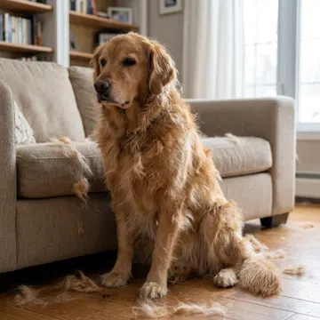 Perro soltando pelo junto al sofá de la sala