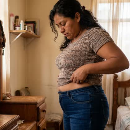 Mujer pellizcándose la barriga frente al tocador
