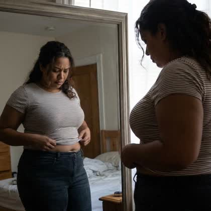 Mujer frente al espejo acomodándose la blusa