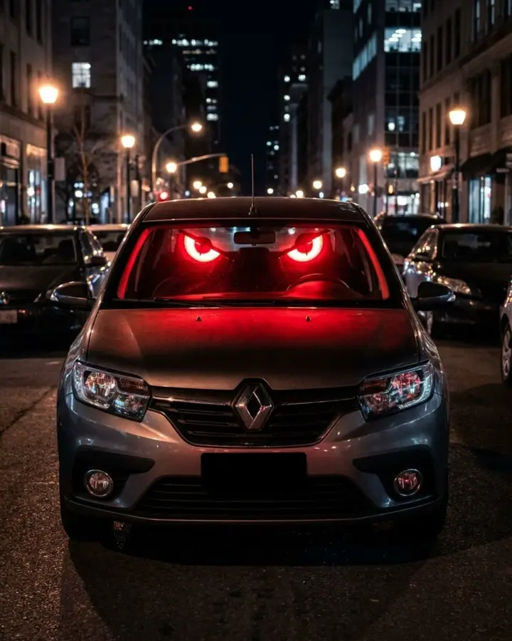 Después: el mismo carro de noche con los ojos LED rojos encendidos en el parabrisas