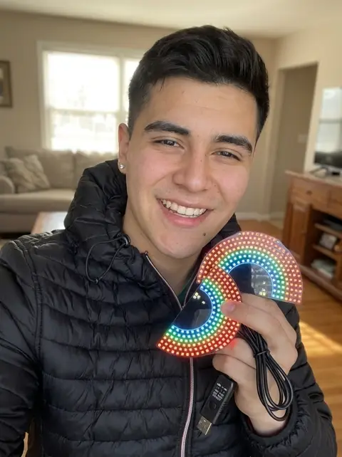 Foto de Ludwin mostrando los ojos LED encendidos con su cable USB