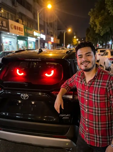 Foto de Mynor junto a su camioneta negra con los ojos LED rojos encendidos
